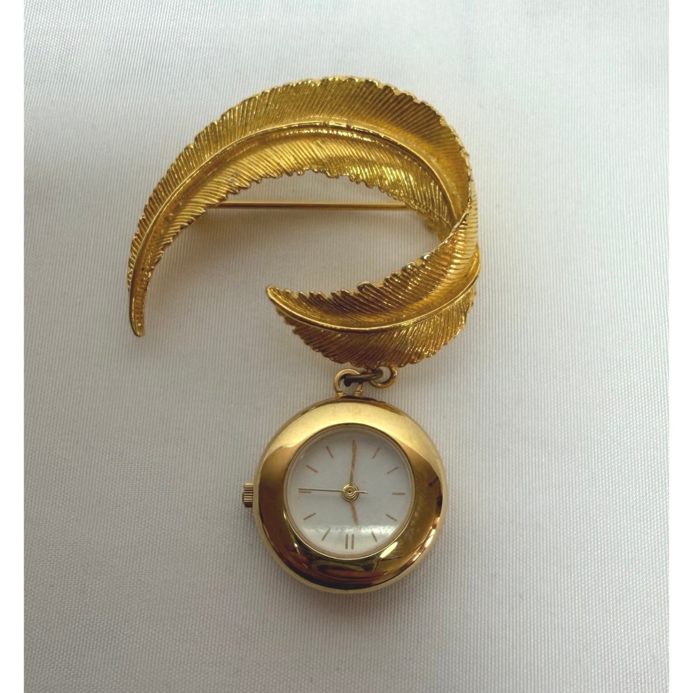 Vintage Monet Gold Tone Feather Brooch Watch Japan Movt Stainless Steel Back